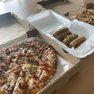 Thai chicken and Spicy Curry pizzas with Spring Rolls