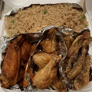 15 wings, shrimp fried rice combo (L-R: hot lemon pepper, Cajun, honey garlic)