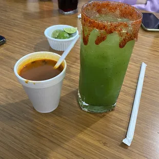 Consomé (fish broth) and cucumber agua fresca