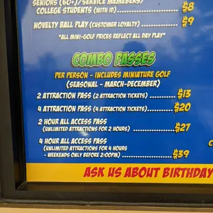 Pricing board on site.