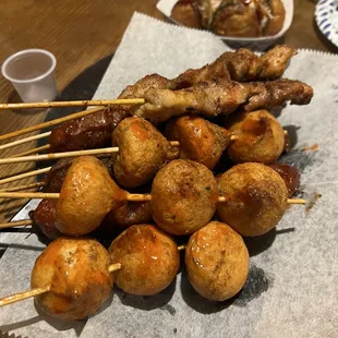 Fish roe balls  Takoyaki Chicken (spicy)  Beef (spicy?