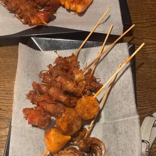 Bacon mushrooms, rice cake, squid, fish balls