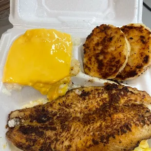 Grits, scrambled eggs and Grilled White Fish