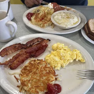 Scrambled eggs w bacon and southwest omelet
