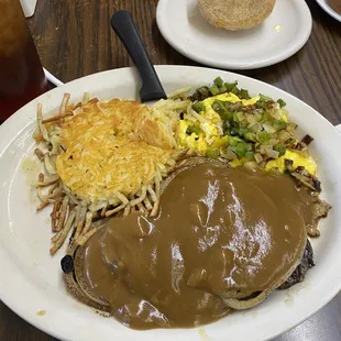 Liver &amp; Onions with scrambled eggs and hash browns