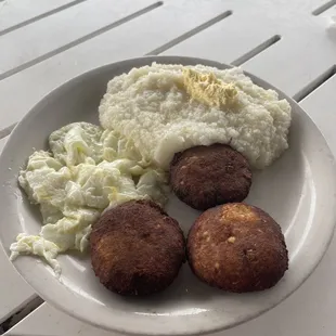 Salmon cakes with grits and egg whites.