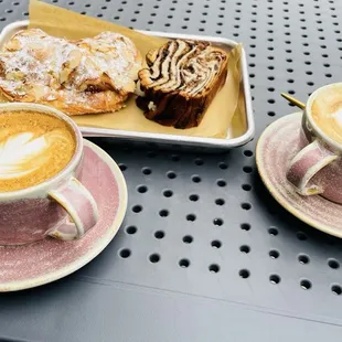 Cappuccino, almond croissant and chocolate babka