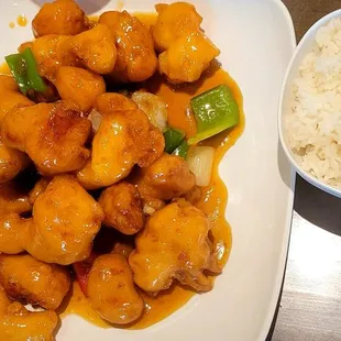 General Tso chicken, all chicken breast, tender and delicious.