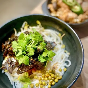 Mala Beef Noodle with Braised Chicken with Rice (background)