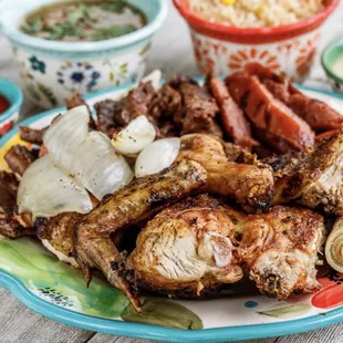 Grilled Chicken  with rice, Charro Beans, tortillas, lime, grilled onion, &amp;salsa