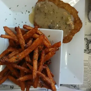 Chicken fried steak with sweet potatoes