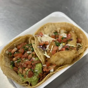 Fish taco and adobada taco