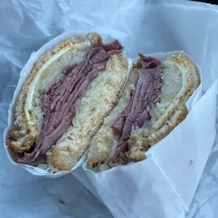Reuben Sandwich. Corned beef, sauerkraut, Russian dressing, Swiss on rye
