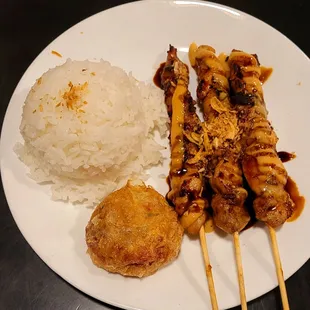 chicken skewers and rice