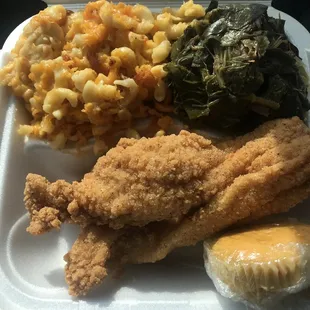 fried chicken, macaroni, and greens