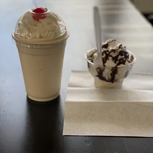 Coffee milkshake and hershey syrup sundae