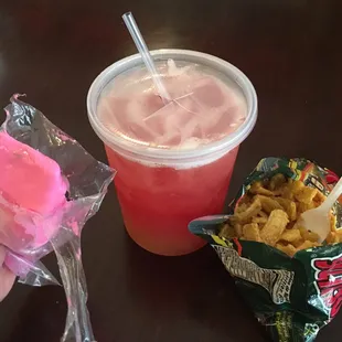 Agua Fresca (watermelon/cantaloupe), bubble gum popsicle and conchitas.