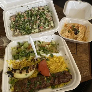 Kefta kabob (2 skewers but ate one before this photo, it would be where the fork is) ; Hummus ; Jerusalem salad