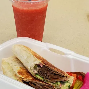 Lemonade strawberry slushie and beef shawarma.