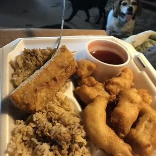 a plate of fried food and a bowl of sauce