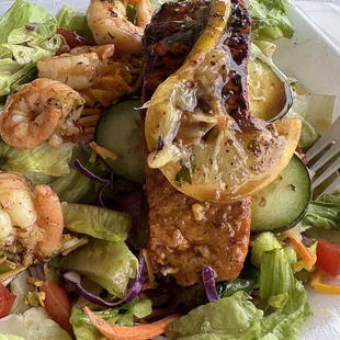 Salmon and shrimp sautéed to perfection with lemon twist and placed atop salad.