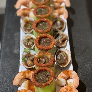 a long platter of seafood