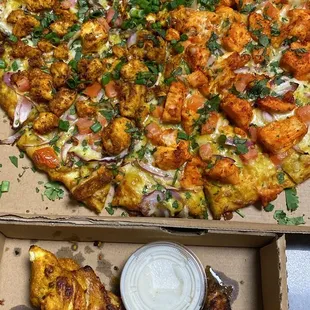 1/2 butter chicken, 1/2 tandoori chicken pizza, Achari Wings