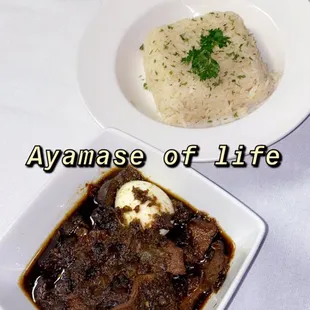 Ayamase / ofada sauce , egg and white rice