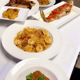 Jollof rice , red snapper and spicy noodles