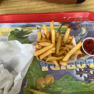 a tray of fries and ketchup