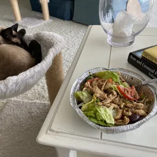 a cat sleeping in a bowl of salad