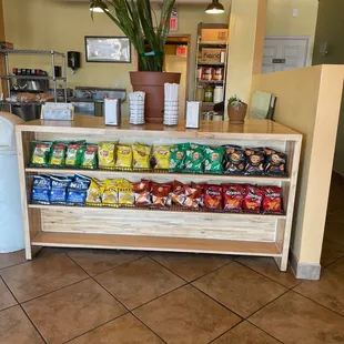 a display of chips and snacks
