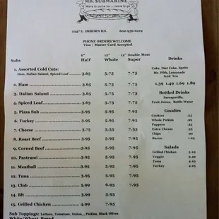 Menu for Mr. Submarine in Phoenix