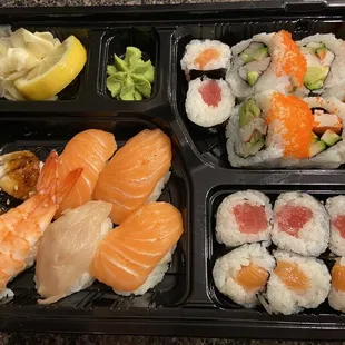 Sushi combo #6 with salmon, eel, shrimp, and yellowtail nigiri.