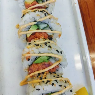 Spicy tuna salad roll - not used to this with the mayo drizzle