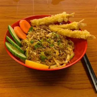Odon noodle soup salad with tempura shrimp