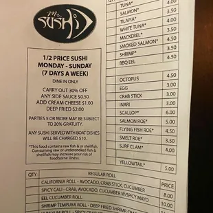 Half price Sushi menu