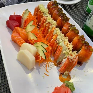 Sashimi (tuna, salmon, white tuna) Red Double roll, and Southwestern roll.