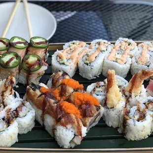 Bottom left to right: OMG, Spicy Snowcrab, Shrimp Tempura, Mr. sushi, Shrimp Tempura and  Buckeye (maybe can't remember for sure)