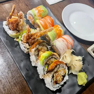 a sushi platter with various types of sushi