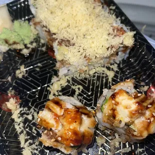 Cali roll w/crunch and eel sauce  Japanese lasagna roll