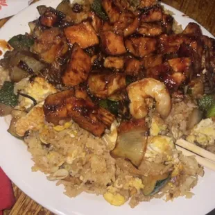 Chicken teriyaki, fried rice with extra eggs, , veggies, and shrimp appetizer