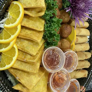 spring roll and takoyaki ball crab rangoon