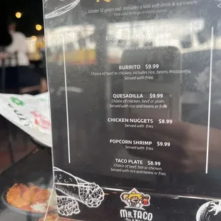 Kids menu