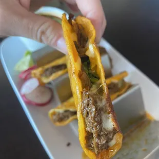 Meat, cheese, onions and cilantro, very tasty!- birria taco