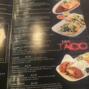 menu, tacos