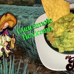 a bowl of guacamole and a tortilla