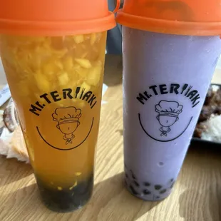 Mango fresh fruit jasmine tea &amp; Taro smoothie with boba.