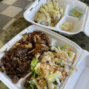 Deluxe size Teriyaki Beef &amp; Chicken &amp; Crunch Rolls.