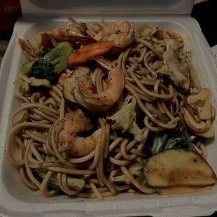 Mongolian shrimp, noodles and fresh steamed veggies